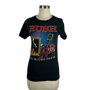 Vintage Rush Black Graphic Tour Tee with Red Lettering